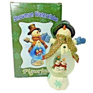 Snowman Water Globe Lighted Figurine Scarf Mittens Hat Snow Christmas Holiday